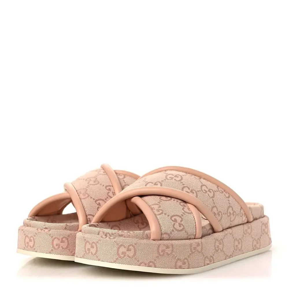 Gucci GG Canvas Pink Platform Slides 816798 Women's 38.5 US 8.5 NEW